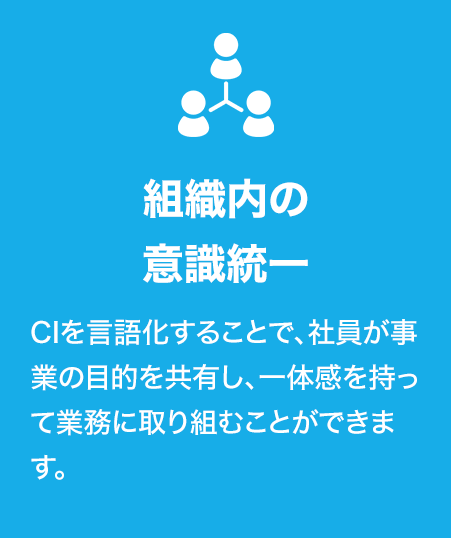 組織内の意識統一
CIを言語化することで、社員が事業の目的を共有し、一体感を持って業務に取り組むことができます。